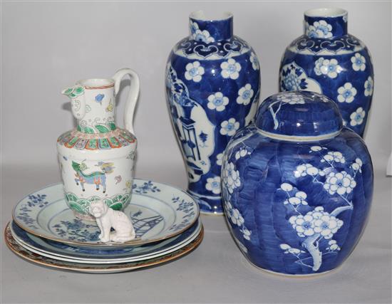 A pair of Chinese vases , a prunus jar, plates etc.